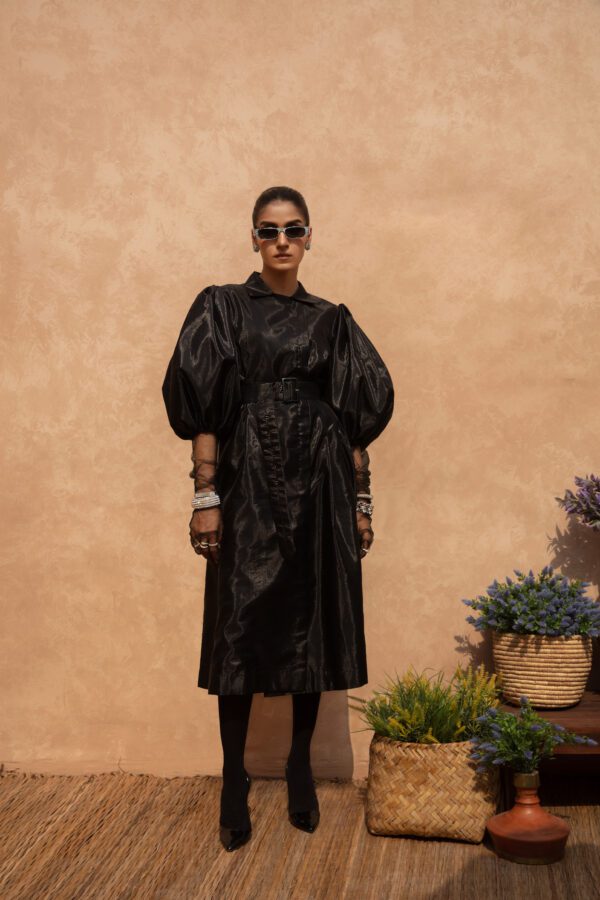 Black Puffy Sleeves Midi Dress